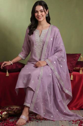 women ethnic motifs embroidered regular thread work kurta with trousers & with dupatta