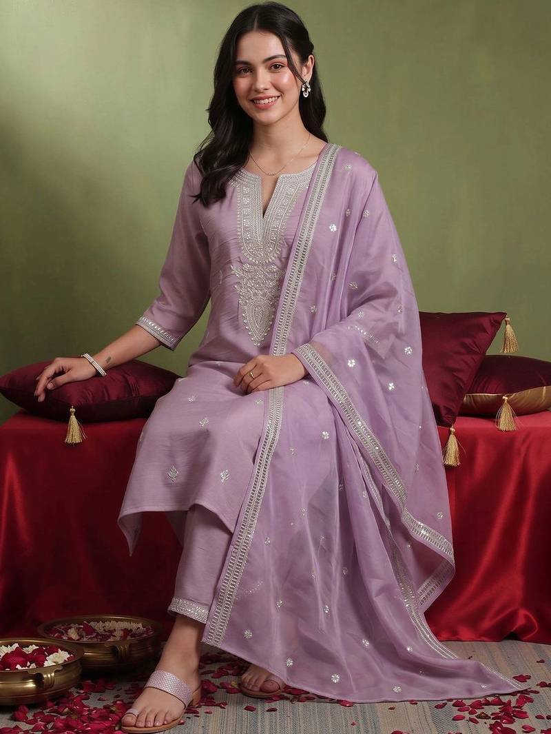 women ethnic motifs embroidered regular thread work kurta with trousers & with dupatta