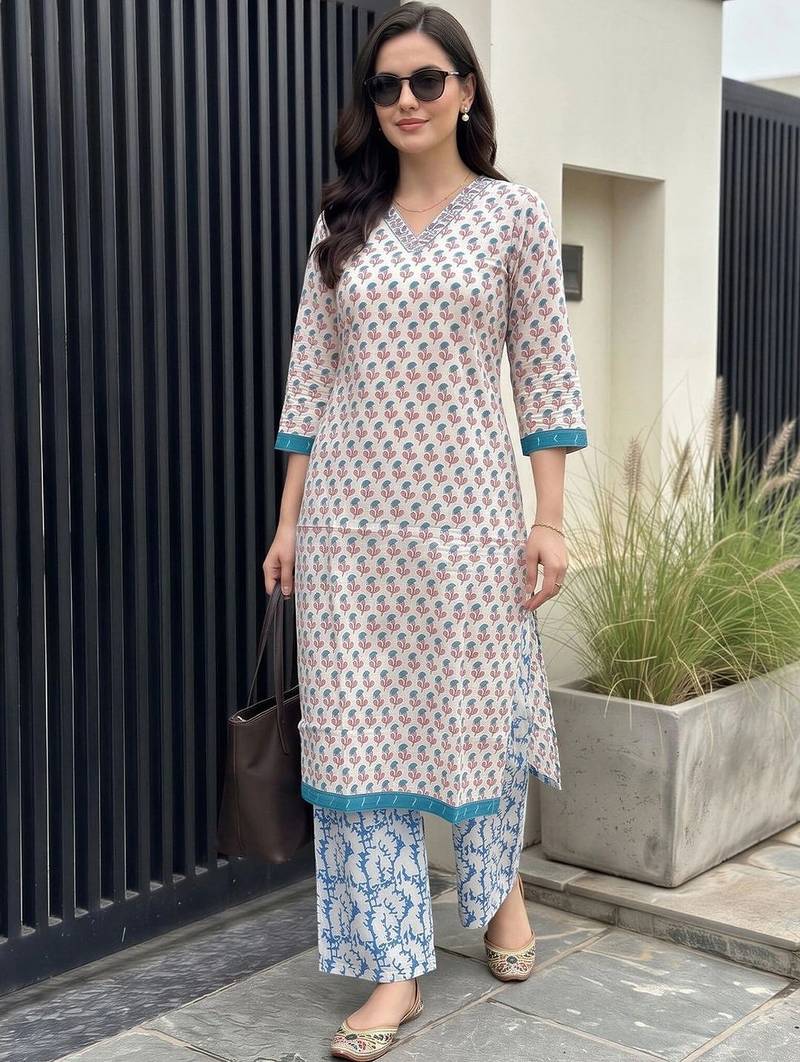 women ethnic motifs printed regular cotton kurta with trousers