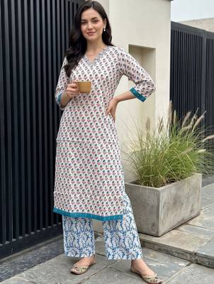 women ethnic motifs printed regular cotton kurta with trousers 2