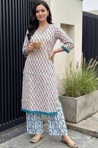women ethnic motifs printed regular cotton kurta with trousers