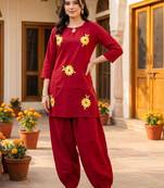 women floral embroidered regular thread work cotton kurta with patiala