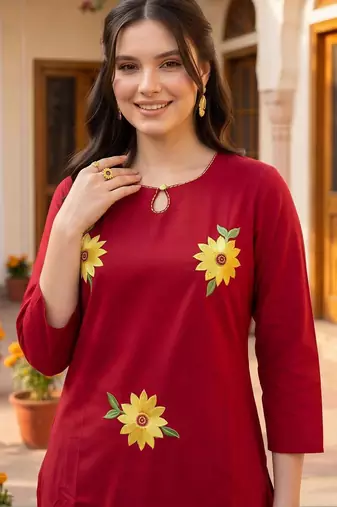 women floral embroidered regular thread work cotton kurta with patiala