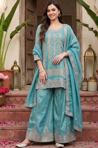 women ethnic motifs embroidered regular thread work kurta with palazzos & with dupatta