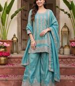 women ethnic motifs embroidered regular thread work kurta with palazzos & with dupatta