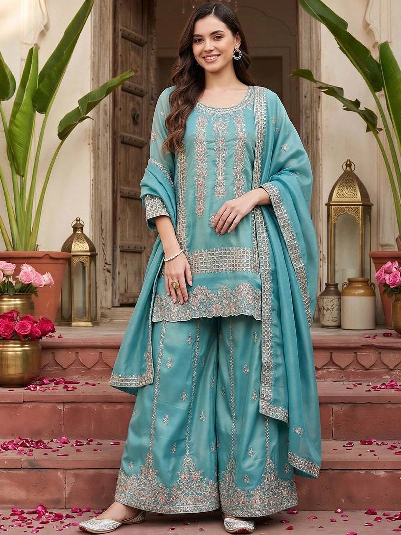 women ethnic motifs embroidered regular thread work kurta with palazzos & with dupatta
