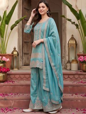 women ethnic motifs embroidered regular thread work kurta with palazzos & with dupatta 2