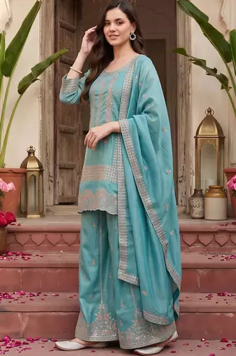 women ethnic motifs embroidered regular thread work kurta with palazzos & with dupatta