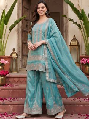 women ethnic motifs embroidered regular thread work kurta with palazzos & with dupatta 3