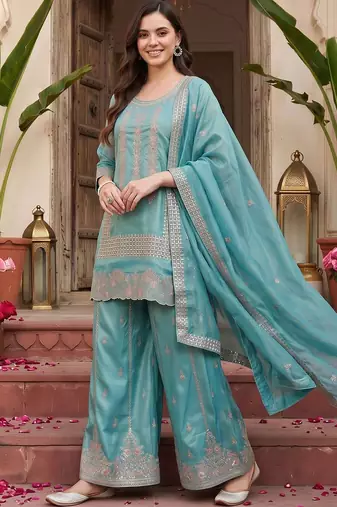 women ethnic motifs embroidered regular thread work kurta with palazzos & with dupatta