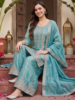 women ethnic motifs embroidered regular thread work kurta with palazzos & with dupatta 4
