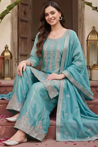 women ethnic motifs embroidered regular thread work kurta with palazzos & with dupatta