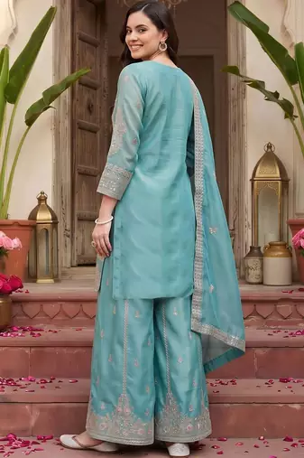 women ethnic motifs embroidered regular thread work kurta with palazzos & with dupatta