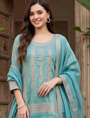 women ethnic motifs embroidered regular thread work kurta with palazzos & with dupatta 6
