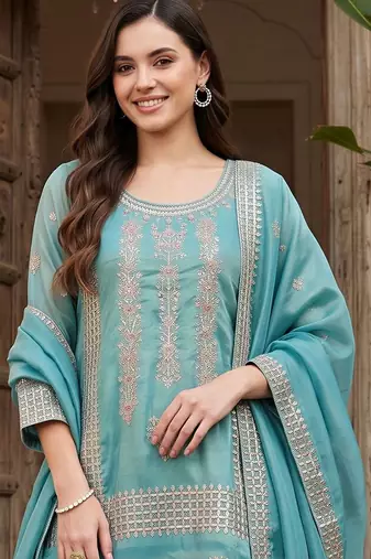 women ethnic motifs embroidered regular thread work kurta with palazzos & with dupatta