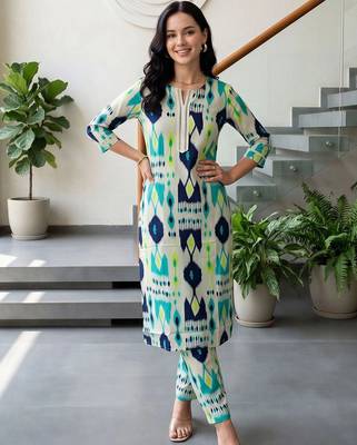 women printed regular cotton kurta with trousers 1