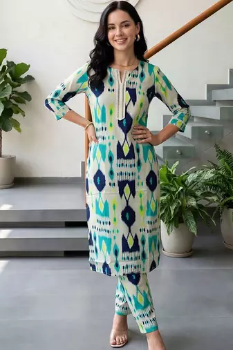 women printed regular cotton kurta with trousers