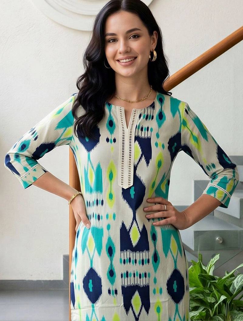 women printed regular cotton kurta with trousers
