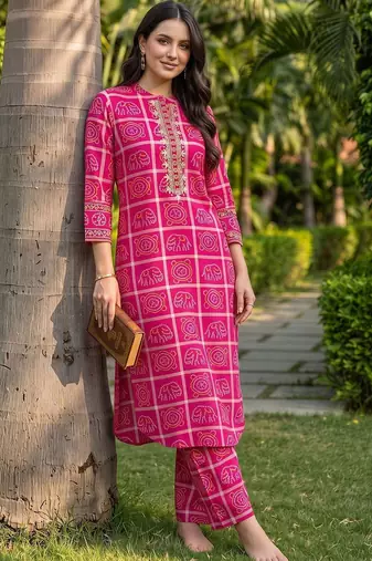 women ethnic motifs printed regular cotton kurta with trousers
