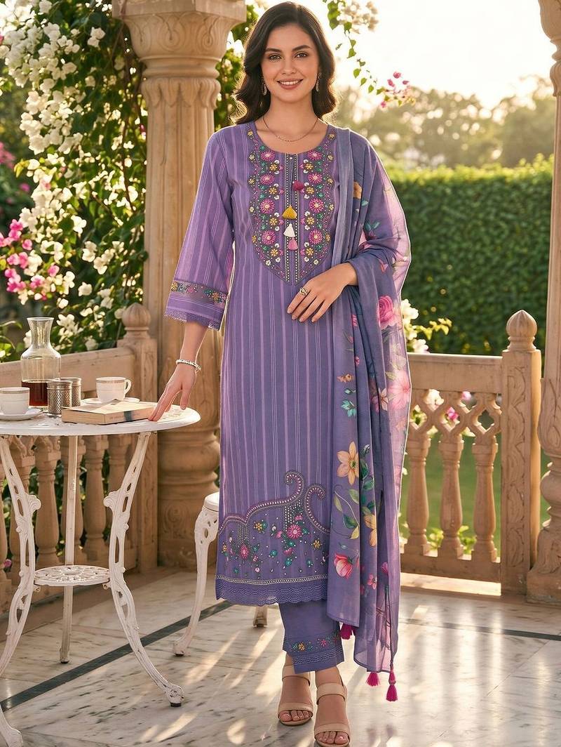 women floral embroidered regular chikankari cotton kurta with trousers & with dupatta