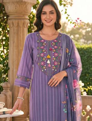 women floral embroidered regular chikankari cotton kurta with trousers & with dupatta 6