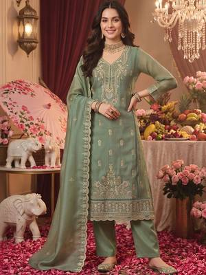 women ethnic motifs embroidered regular thread work kurta with trousers & with dupatta 1