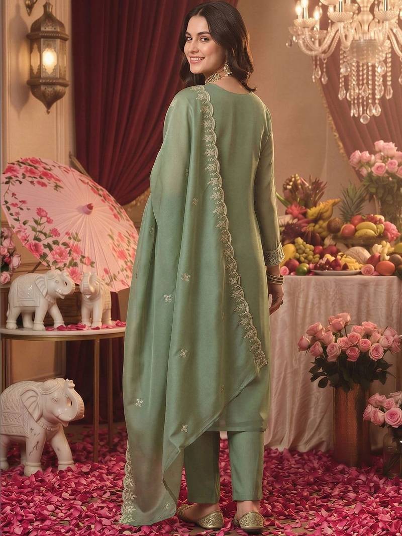 women ethnic motifs embroidered regular thread work kurta with trousers & with dupatta