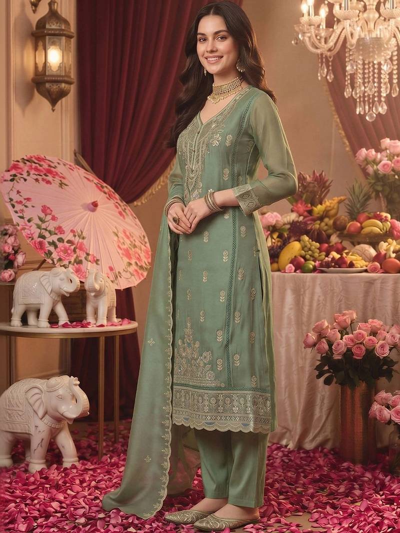 women ethnic motifs embroidered regular thread work kurta with trousers & with dupatta