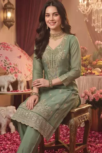 women ethnic motifs embroidered regular thread work kurta with trousers & with dupatta