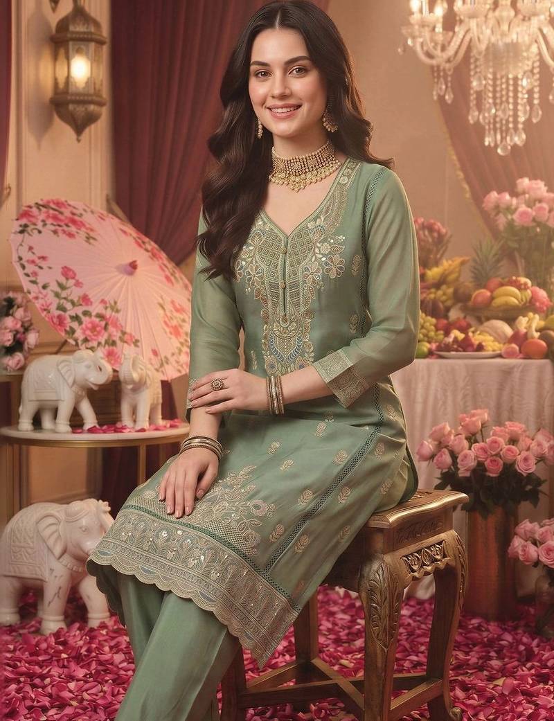 women ethnic motifs embroidered regular thread work kurta with trousers & with dupatta