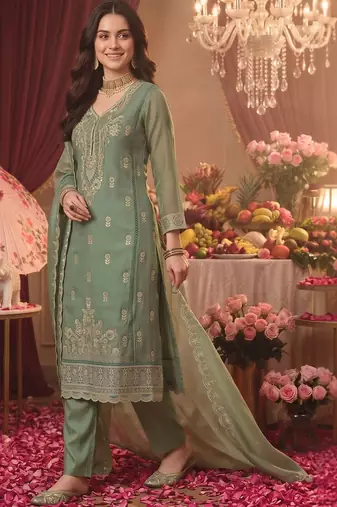 women ethnic motifs embroidered regular thread work kurta with trousers & with dupatta