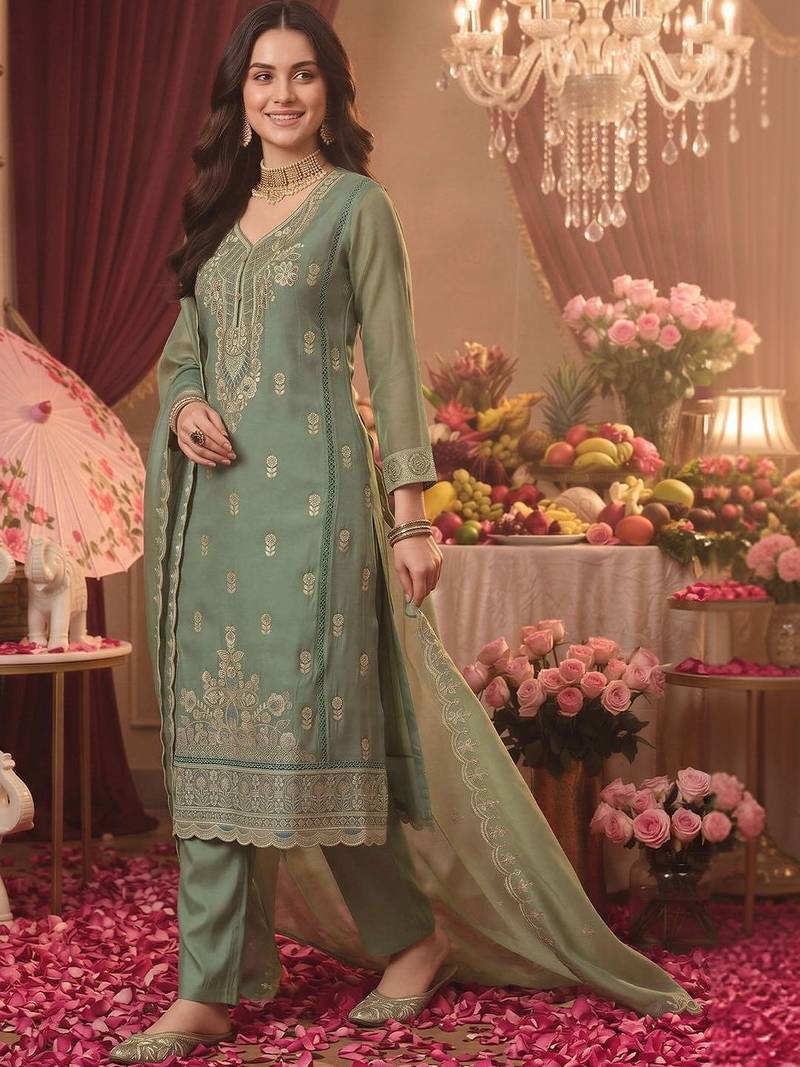 women ethnic motifs embroidered regular thread work kurta with trousers & with dupatta