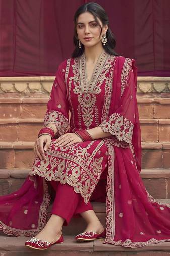 women ethnic motifs embroidered regular thread work kurta with trousers & with dupatta