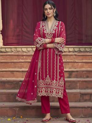 women ethnic motifs embroidered regular thread work kurta with trousers & with dupatta 2