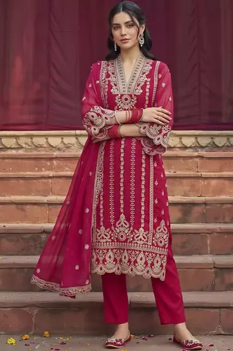 women ethnic motifs embroidered regular thread work kurta with trousers & with dupatta