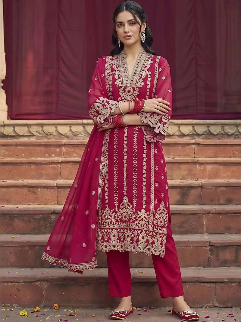 women ethnic motifs embroidered regular thread work kurta with trousers & with dupatta