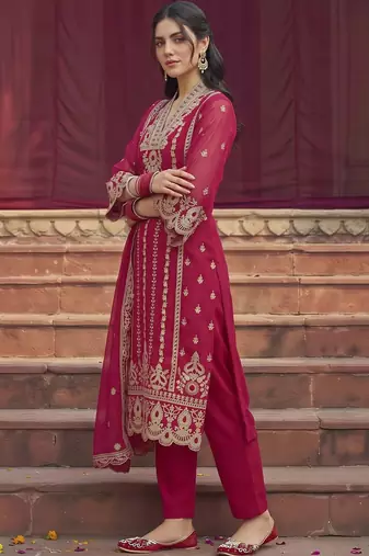 women ethnic motifs embroidered regular thread work kurta with trousers & with dupatta