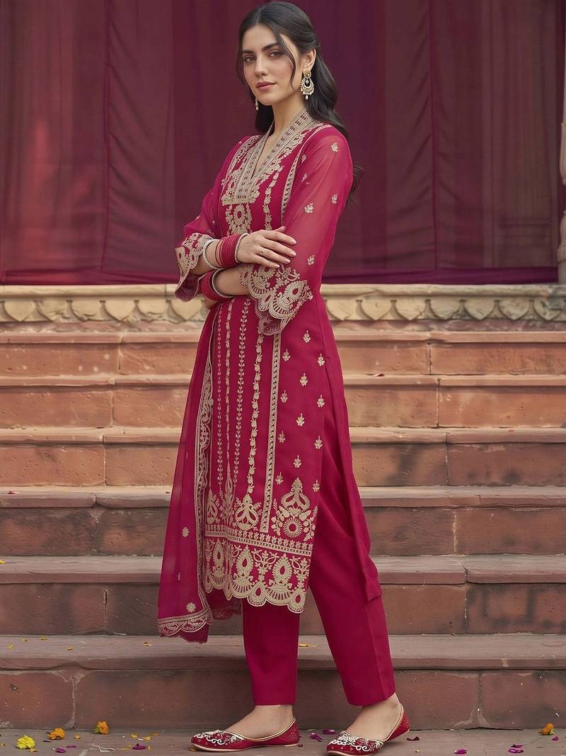 women ethnic motifs embroidered regular thread work kurta with trousers & with dupatta