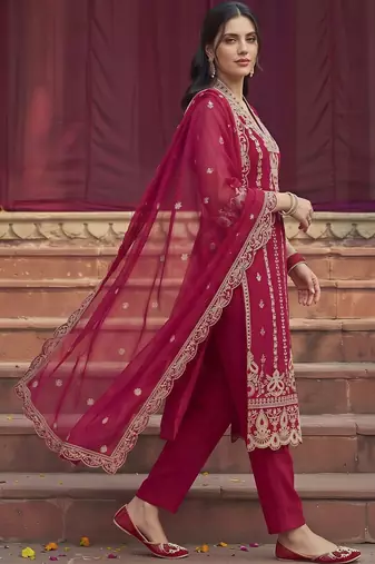 women ethnic motifs embroidered regular thread work kurta with trousers & with dupatta