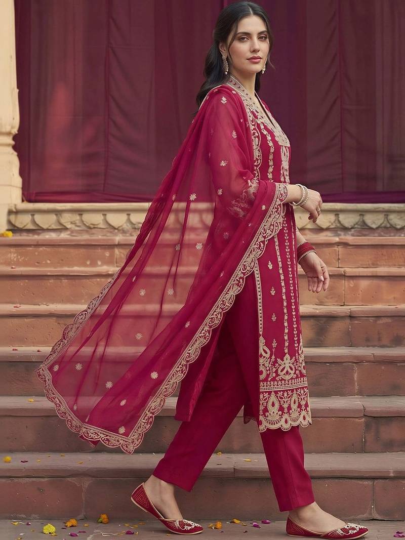 women ethnic motifs embroidered regular thread work kurta with trousers & with dupatta