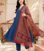 women ethnic motifs regular thread work cotton kurta with trousers & with dupatta