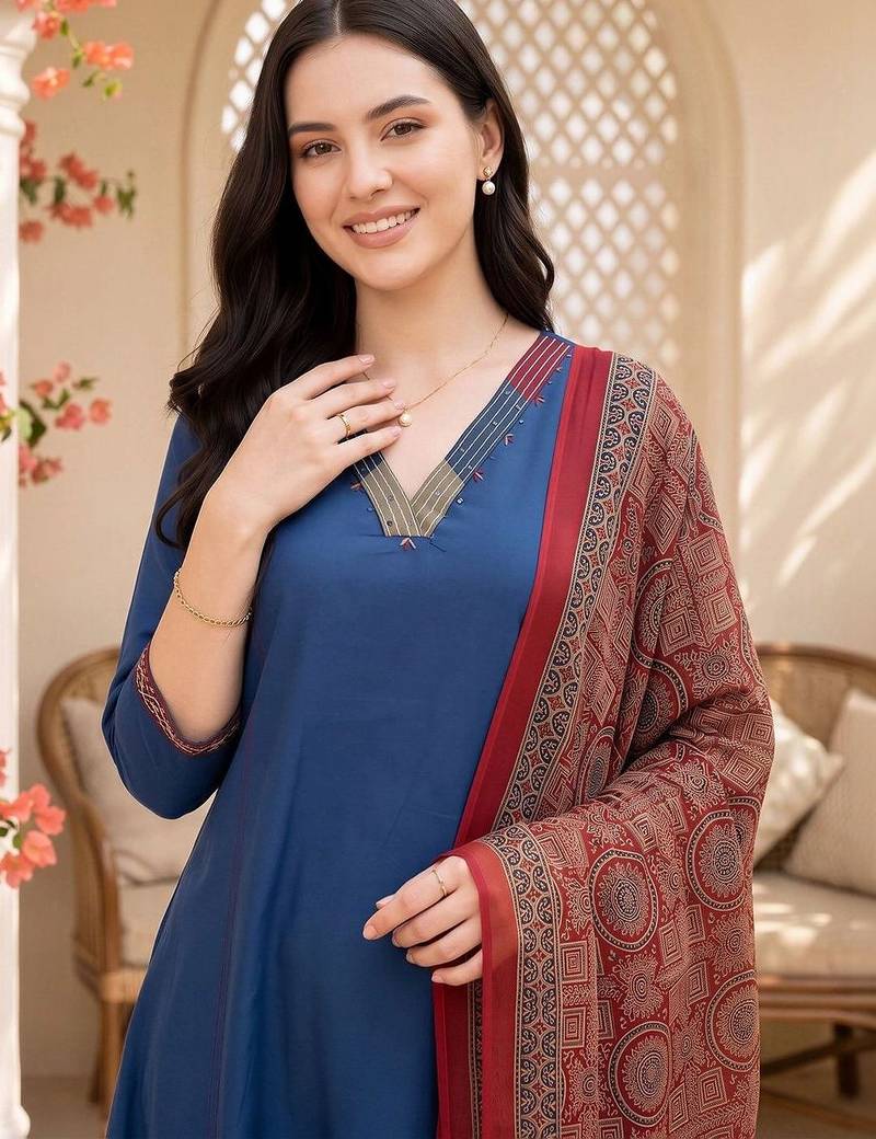 women ethnic motifs regular thread work cotton kurta with trousers & with dupatta