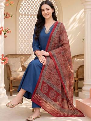 women ethnic motifs regular thread work cotton kurta with trousers & with dupatta 5