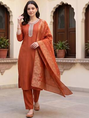 women ethnic motifs embroidered regular thread work kurta with trousers & with dupatta 1