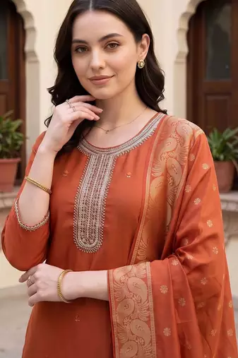 women ethnic motifs embroidered regular thread work kurta with trousers & with dupatta