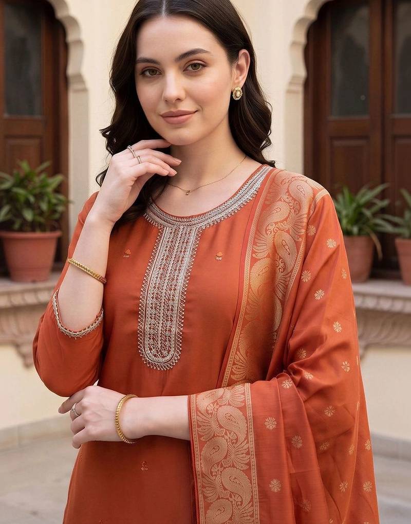 women ethnic motifs embroidered regular thread work kurta with trousers & with dupatta