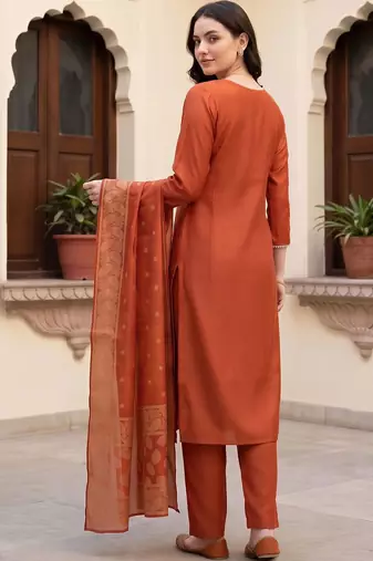women ethnic motifs embroidered regular thread work kurta with trousers & with dupatta