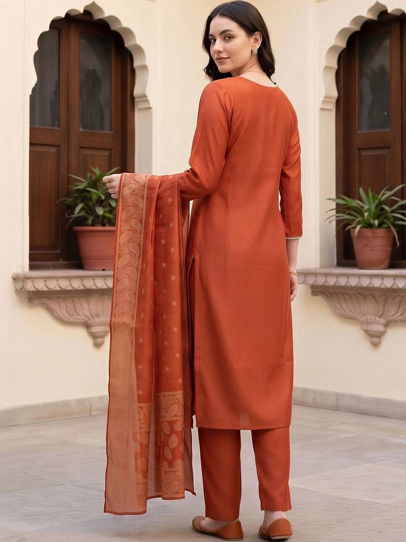 women ethnic motifs embroidered regular thread work kurta with trousers & with dupatta