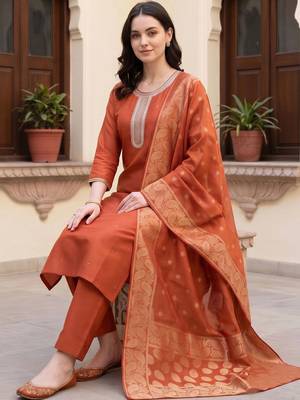 women ethnic motifs embroidered regular thread work kurta with trousers & with dupatta 5