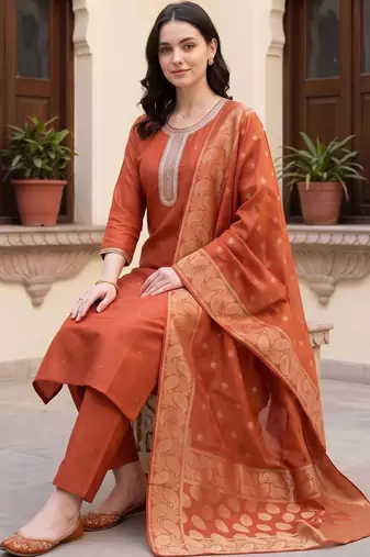 women ethnic motifs embroidered regular thread work kurta with trousers & with dupatta